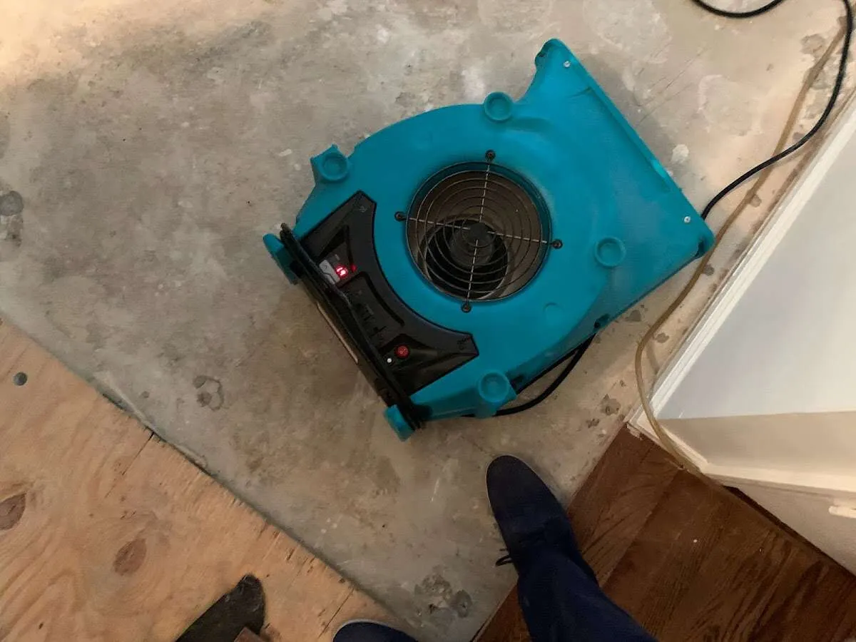 Air mover drying subfloor during Commercial Water Damage Restoration in East Huntingdon